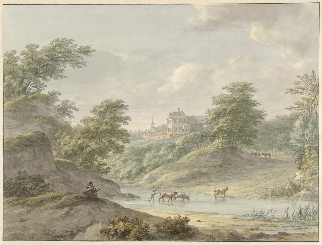 风景与坐着的漫画家和水上城堡`Landschap met zittende tekenaar en kasteel aan water (1754 ~ 1820) by Hermanus Numan