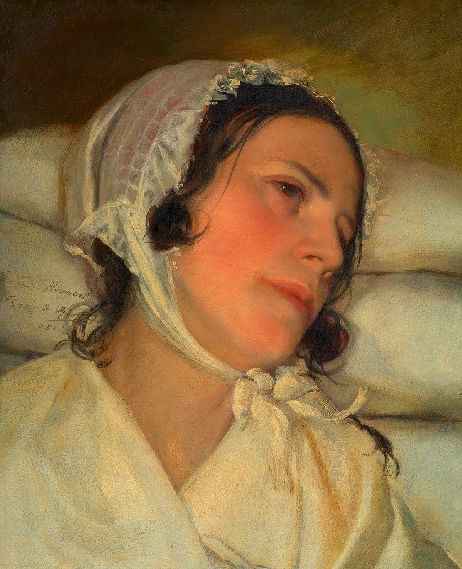 安东尼·阿梅林在病床上（艺术家的第一任妻子）`Antonie Amerling am Krankenbett (1. Gattin des Künstlers) (1843) by Friedrich von Amerling