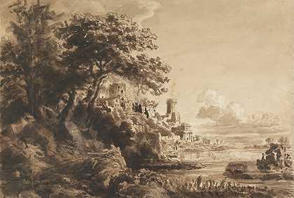 城堡景观`Landscape with Castle by Cornelius Varley