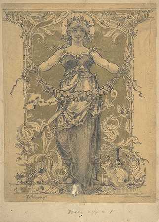 拿着花环的女人`Woman Holding a Garland (ca. 1880) by Charles Edward Holloway