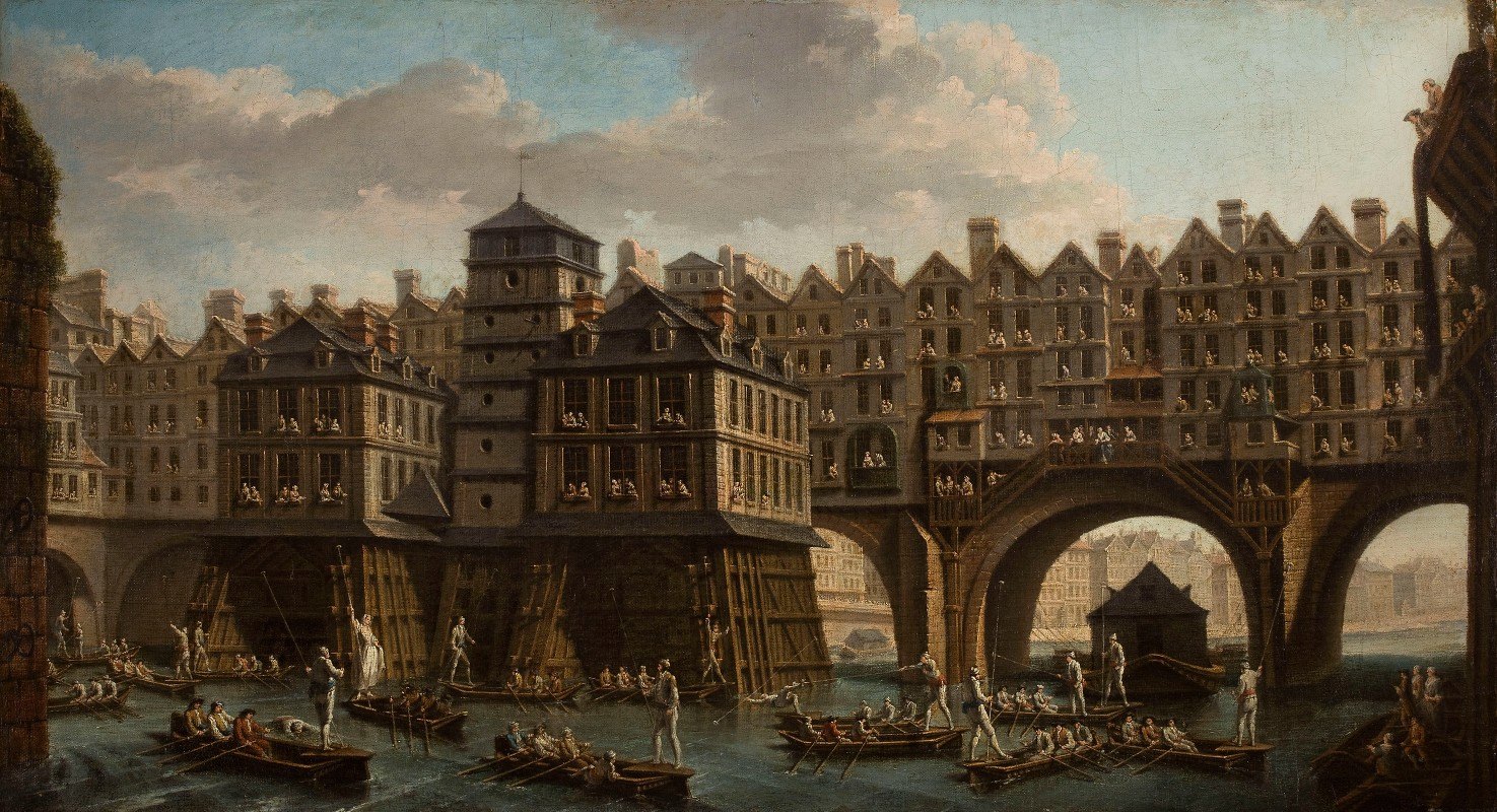 水手们的比赛，在圣母院桥和交换桥之间`La joute des mariniers, entre le pont Notre~Dame et le pont au Change (1751) by Nicolas Jean-Baptiste Raguenet