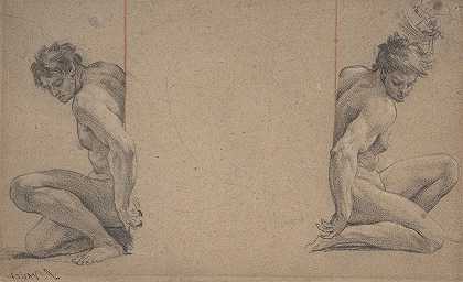 两个蹲着的裸体男性形象`Two Crouching Nude Male Figures (ca. 1640) by Simon Vouet