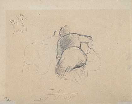 两个跪着的农妇`Two Farm Women Kneeling (mid to late 19th century) by Camille Pissarro
