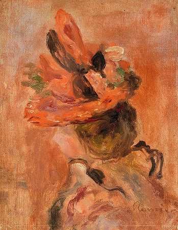 女人她戴着红帽子`Womans Head with Red Hat (1890s.) by Pierre-Auguste Renoir