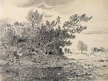 有池塘的风景`Landscape with a Pond (ca. 1850) by Théodore Rousseau