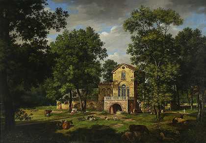 纳托林公园的碎片和牛棚`Fragment of the park in Natolin with the cowshed (1833) by Wincenty Kasprzycki