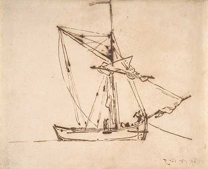 帆船草图`Sketch of a Sailboat (mid~17th–early 18th century) by Willem van de Velde the Younger