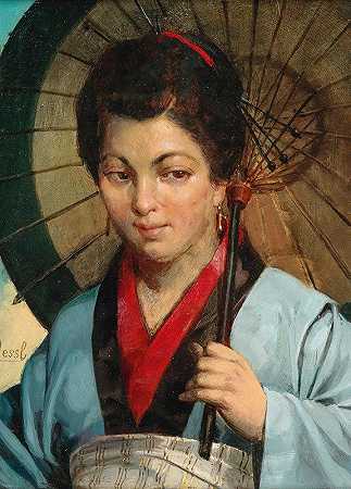 带阳伞的日本女人`Japanese woman with parasol by Gustav August Hessl