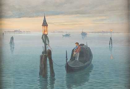 威尼斯泻湖之夜`Evening In The Venetian Lagoon (1891) by Hermann Krezzer