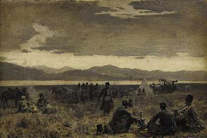 清晨在乌鲁米耶湖岸边露营`Early Morning Camp Near The Shore of Lake Urumiyah (circa 1892) by Edwin Lord Weeks