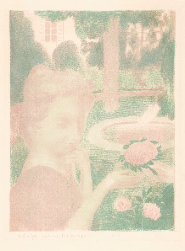 年轻女子在花园里得到花束`Jonge vrouw krijgt bloemenboeket in een tuin (1899) by Maurice Denis