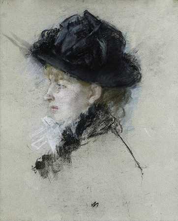 戴帽子的路易丝·里森纳小姐`Mademoiselle Louise Riesener in a Hat (c. 1877~80) by Berthe Morisot