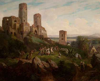 城堡废墟——Tenczynek的快乐制造`Ruins of the castle – merry~making in Tenczynek (circa 1855) by Henryk Pillati