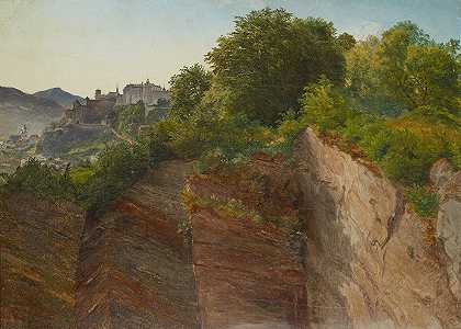 从萨尔茨堡的门茨堡到霍恩萨尔茨堡城堡`Blick vom Salzburger Mönchsberg auf die Festung Hohensalzburg (1830) by Friedrich Loos