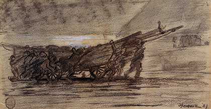 在船上搁浅的渔民，英国`Fishermen Beaching a Boat, Cullercoats, England (1881) by Winslow Homer