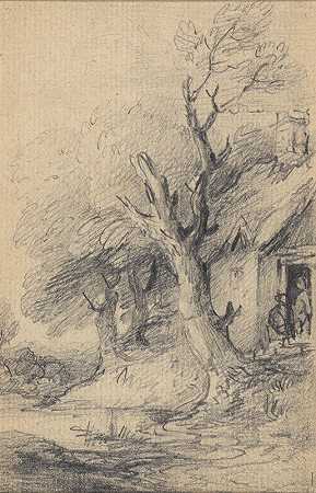 小屋和树木`Cottage and trees by Gainsborough Dupont