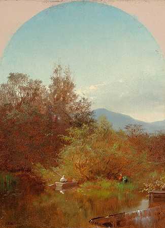 渔夫湖景`Lake Scene with Fisherman (1864) by Albert Fitch Bellows