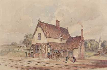 维多利亚乡村火车站和铁路道口`Victorian Rural Train Station and Railroad Crossing (1844–77) by John Connell Ogle