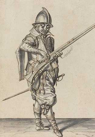 穿着优雅的士兵准备发射他的口径枪`Elegantly Dressed Soldier Preparing to Fire His Caliver (c. 1597) by Jacob de Gheyn II
