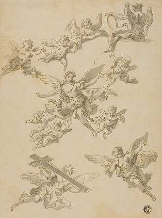 天使和Putti的素描`Sketches of Angels and Putti by Daniel Gran