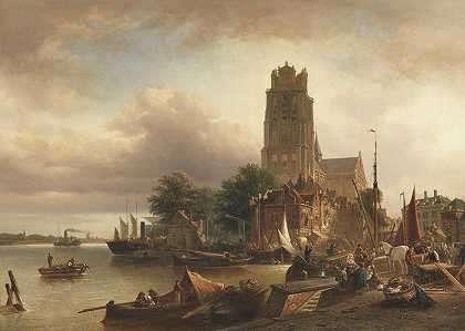 带格罗特路缘的多德雷赫特景观`Ansicht von Dordrecht mit der Grote Kerk (1871) by Elias Pieter van Bommel