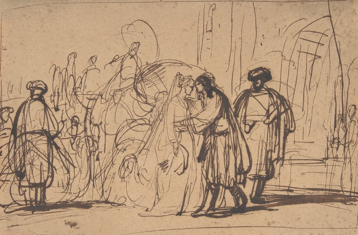 艾萨克她对丽贝卡的接待`Isaacs Reception of Rebecca (1660s) by Gerbrand van den Eeckhout
