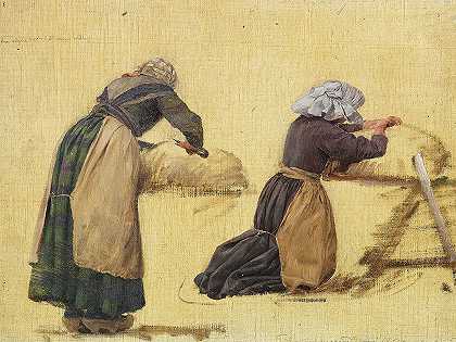 两个女人剪羊毛。`To kvinder klipper får. Studie (1877) by Joakim Skovgaard