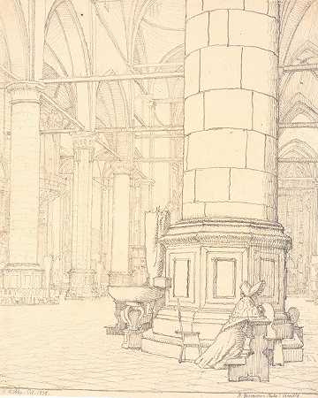 来自S.S.屋内的派对。威尼斯的乔瓦尼·e·保罗`Parti fra det indre af Ss.Giovanni e Paolo i Venedig (1838) by Christen Købke