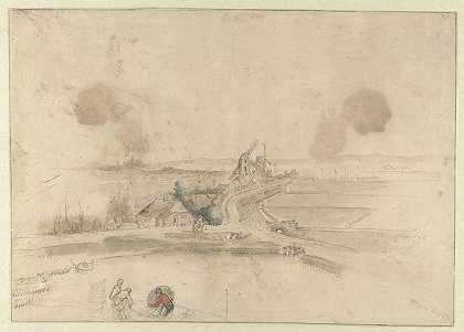 沿路有房屋和两台风车，前景是三名渔民`Landscape with Houses and Two Windmills along a Road, with Three Fishermen in the Foreground (before 1620) by Hendrick Avercamp