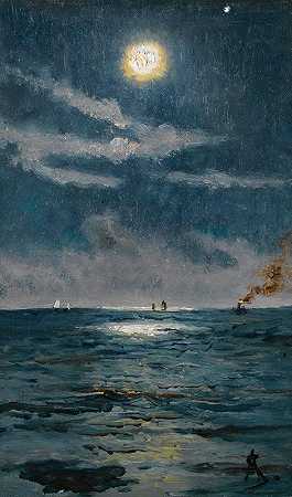 月光下平静的海上景色`A Calm Moonlit Marine Scene by Alfred Stevens