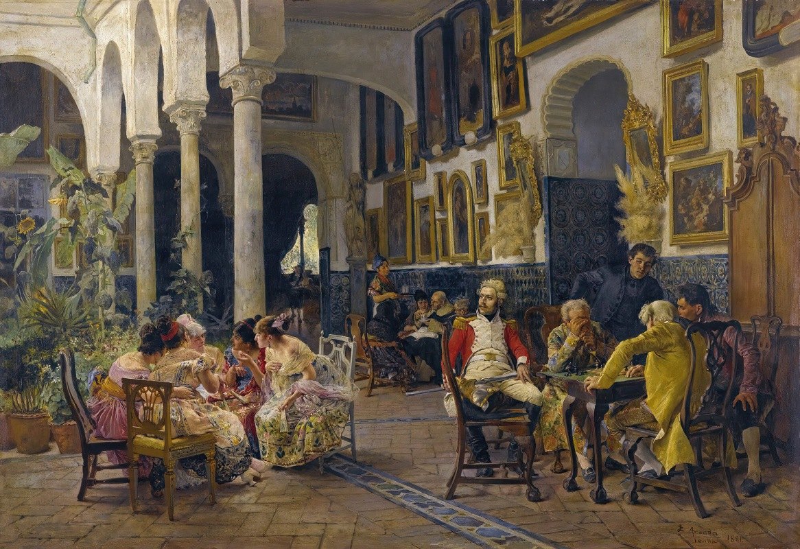 在塞维利亚庭院里的对话`Conversation In A Sevillian Courtyard (1881) by José Jiménez y Aranda