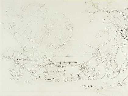 河流景观`River Landscape (1847) by Jasper Francis Cropsey