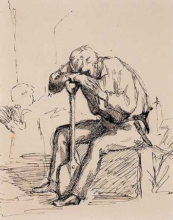 坐着的男人靠着铲子，画着草图`Istuva, lapioonsa nojaava mies, luonnos (1877 ~ 1883) by Helene Schjerfbeck