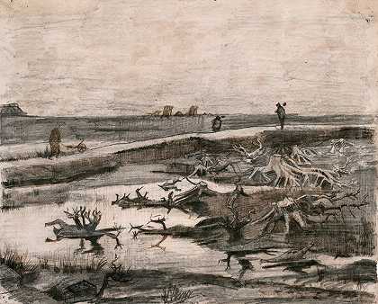 沼泽树干景观（Travaux aux Champs）`Landscape with Bog Trunks (Travaux aux Champs) (1883) by Vincent van Gogh