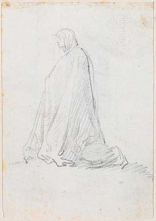 穿着连帽长袍的跪着的人（维索）`Kneeling Figure in a Hooded Robe (verso) (probably c. 1754~1765) by Hubert Robert