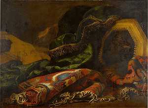 有地毯的静物画，一幅putto的画，还有一把小提琴`
Still life with carpets, a painting of a putto, and a violin by Francesco Noletti