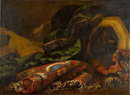 有地毯的静物画，一幅putto的画，还有一把小提琴`Still life with carpets, a painting of a putto, and a violin by Francesco Noletti