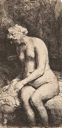 在小溪边洗脚的女人`Woman bathing her feet at a brook (1658) by Rembrandt van Rijn