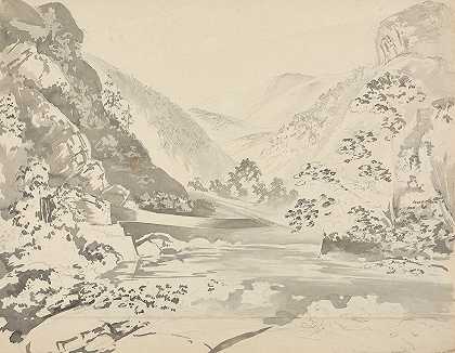 以山脉为背景的河流场景`A River Scene with Mountains in the Background by Samuel Davis