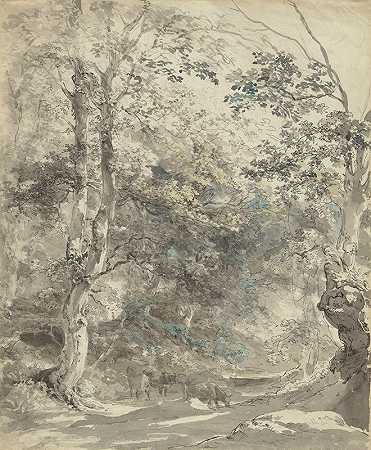 树木繁茂的奶牛场`Wooded Landscape with Cows (1793) by Johann Georg von Dillis