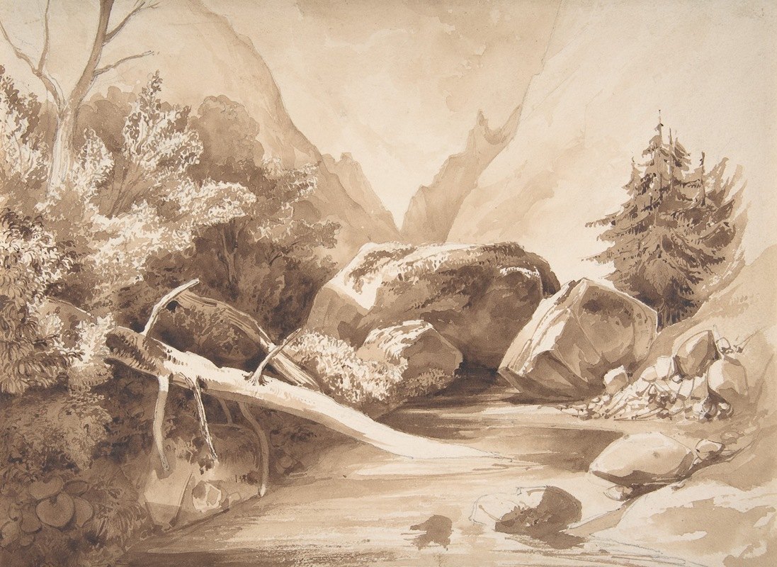 有小溪的山地景观`Mountainous Landscape with a Brook (18th–early 19th century) by Franz Kobell