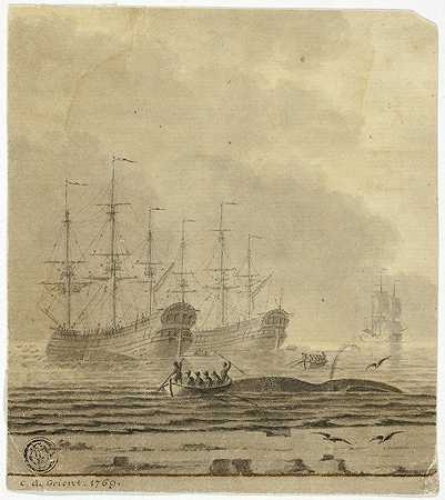 捕鲸船和带鲸鱼的小船`Whaling Ships and Small Boats with Whale (1769) by Cornelis Ouboter van der Grient