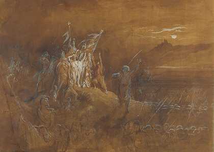 过去法国士兵的阴影告诫军队在莱茵河上取得胜利`The Shades Of French Soldiers From The Past Exhort The Army To Victory On The Rhine (c. 1875) by Gustave Doré