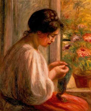 窗口的女裁缝`Seamstress at Window (circa 1908~1910) by Pierre-Auguste Renoir