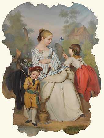 有两个孩子和蝴蝶的女孩`Girl With Two Children And Butterfly (19th Century) by Continental School