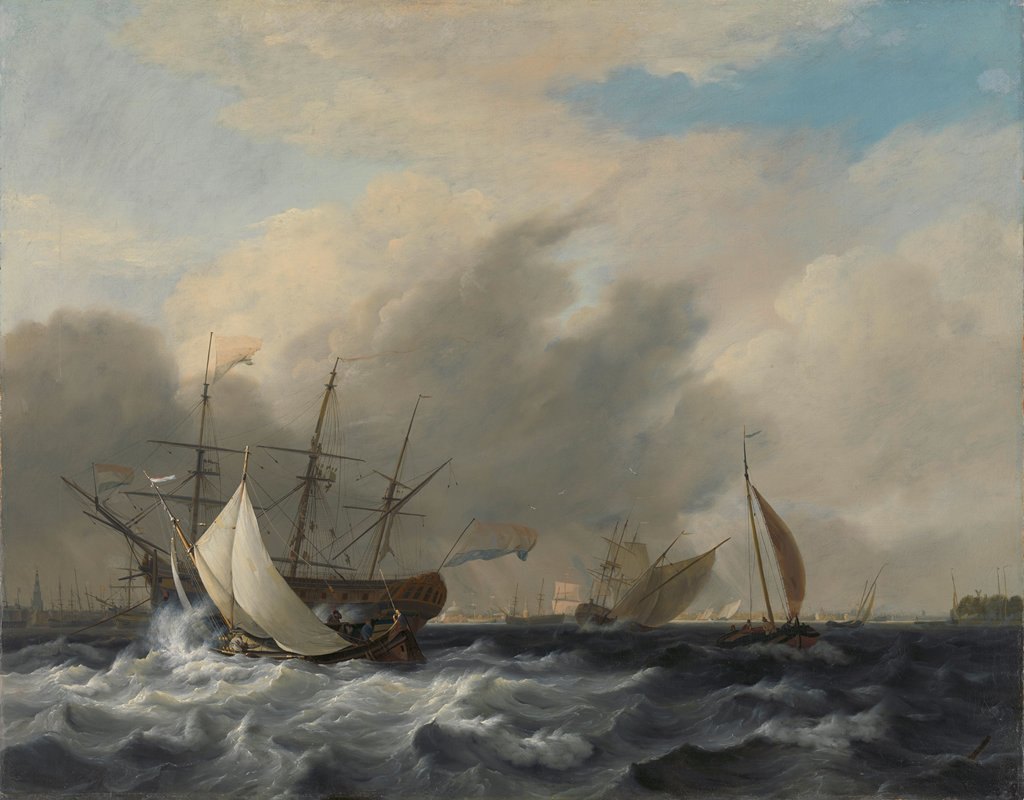 海军s战神阿姆斯特丹在阿姆斯特丹的Westerlaag街上`The Navys Man~of~War Amsterdamoff the Westerlaag on Y at Amsterdam (1807) by Nicolaas Baur