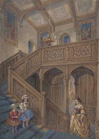 雅可比式楼梯（recto）的设计建筑元素设计`Design for a Jacobean~style Staircase (recto); Architectural Element Design (ca. 1867) by Matthew Digby Wyatt