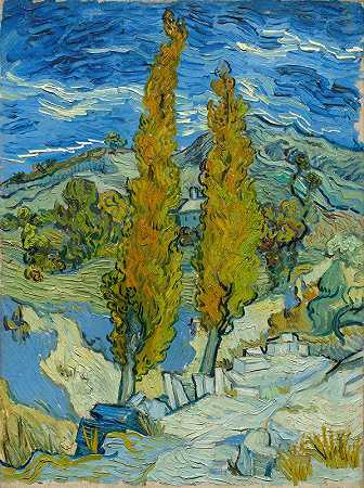 圣雷米附近阿尔卑斯山的两棵杨树`Two Poplars in the Alpilles near Saint~Rémy (1889) by Vincent van Gogh
