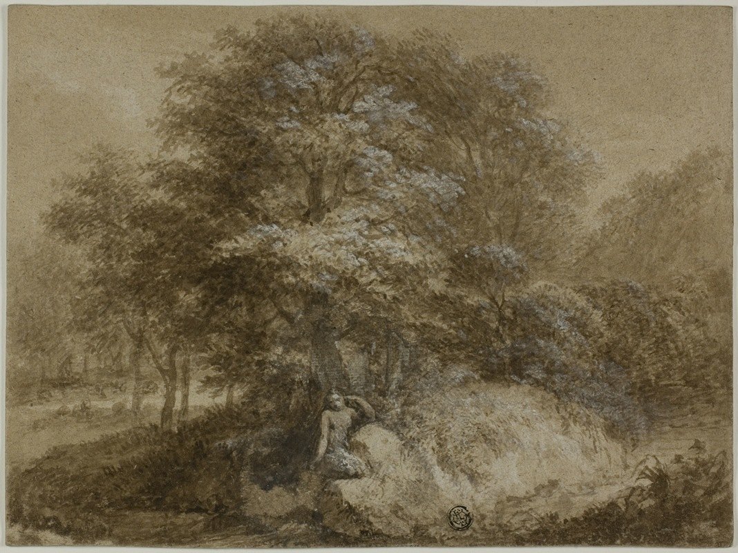 阴凉的小树林里，仙女坐在树下`Shady Grove with Nymph Seated Under Tree by Adam Friedrich Oeser