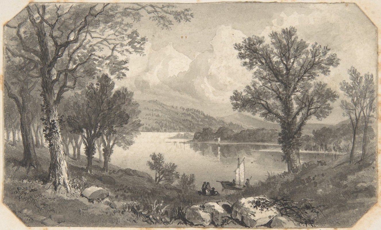 用帆船看湖或河`View of a lake or river with a sailboat (1820–70) by David Octavius Hill